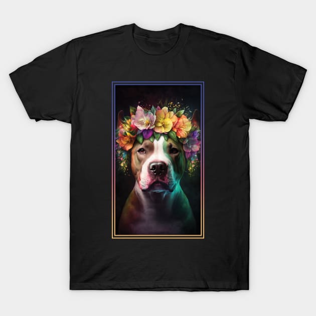 American Staffordshire Terrier Pitbull Vibrant Tropical Flower Tall Digital Oil Painting Portrait  11 T-Shirt by ArtHouseFlunky